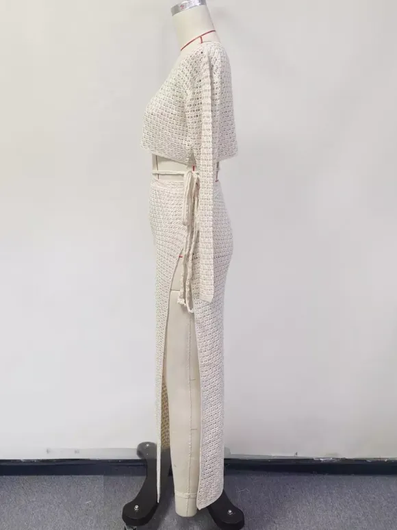 Crochet Two Piece Co-ord Set Long Sleeves Crop Top And High-slit Skirt Beach Cover-up 2026