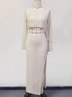 Crochet Two Piece Co-ord Set Long Sleeves Crop Top And High-slit Skirt Beach Cover-up 2026