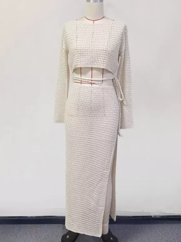 Crochet Two Piece Co-ord Set Long Sleeves Crop Top And High-slit Skirt Beach Cover-up 2026