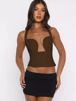 Crop Cami Tank Top Heart Plunge Halter Tie Back Slim Crop Cami Streetwear Top