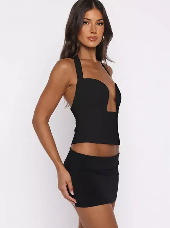 Crop Cami Tank Top Heart Plunge Halter Tie Back Slim Crop Cami Streetwear Top