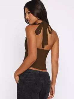 Crop Cami Tank Top Heart Plunge Halter Tie Back Slim Crop Cami Streetwear Top