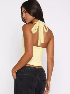 Crop Cami Tank Top Heart Plunge Halter Tie Back Slim Crop Cami Streetwear Top