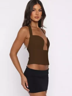 Crop Cami Tank Top Heart Plunge Halter Tie Back Slim Crop Cami Streetwear Top