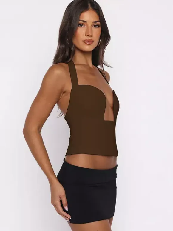 Crop Cami Tank Top Heart Plunge Halter Tie Back Slim Crop Cami Streetwear Top
