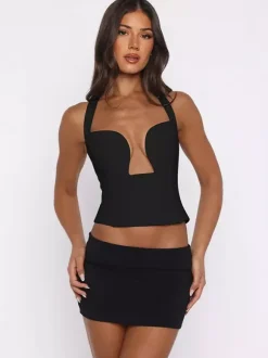 Crop Cami Tank Top Heart Plunge Halter Tie Back Slim Crop Cami Streetwear Top
