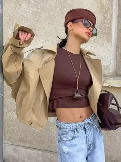 Cropped Khaki Women’s Trench Jacket - Lantern Sleeve Lapel Short Windbreaker - Casual Streetwear Spring Outerwear 2026