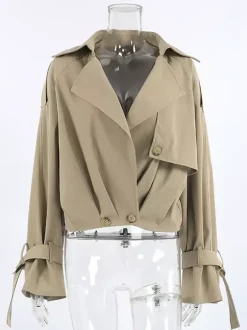 Cropped Khaki Women’s Trench Jacket - Lantern Sleeve Lapel Short Windbreaker - Casual Streetwear Spring Outerwear 2026