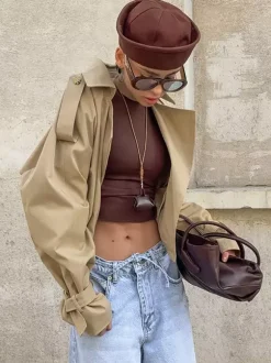 Cropped Khaki Women’s Trench Jacket - Lantern Sleeve Lapel Short Windbreaker - Casual Streetwear Spring Outerwear 2026
