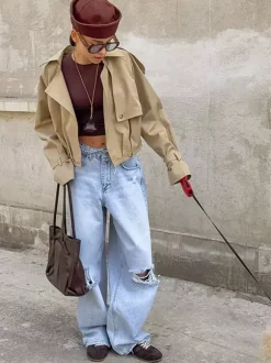 Cropped Khaki Women’s Trench Jacket - Lantern Sleeve Lapel Short Windbreaker - Casual Streetwear Spring Outerwear 2026