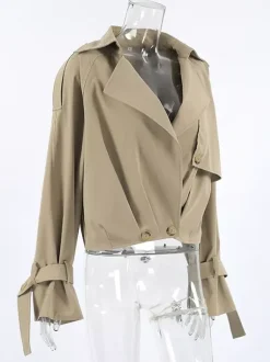 Cropped Khaki Women’s Trench Jacket - Lantern Sleeve Lapel Short Windbreaker - Casual Streetwear Spring Outerwear 2026