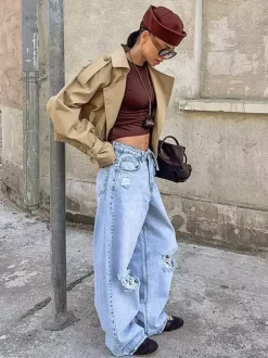 Cropped Khaki Women’s Trench Jacket - Lantern Sleeve Lapel Short Windbreaker - Casual Streetwear Spring Outerwear 2026