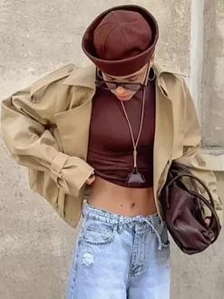 Cropped Khaki Women’s Trench Jacket - Lantern Sleeve Lapel Short Windbreaker - Casual Streetwear Spring Outerwear 2026