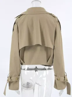 Cropped Khaki Women’s Trench Jacket - Lantern Sleeve Lapel Short Windbreaker - Casual Streetwear Spring Outerwear 2026