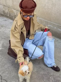 Cropped Khaki Women’s Trench Jacket - Lantern Sleeve Lapel Short Windbreaker - Casual Streetwear Spring Outerwear 2026