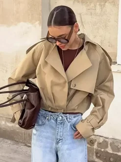 Cropped Khaki Women’s Trench Jacket - Lantern Sleeve Lapel Short Windbreaker - Casual Streetwear Spring Outerwear 2026
