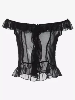 Crop Top Off-the-Shoulder Ruffle Sheer Mesh Peplum Top