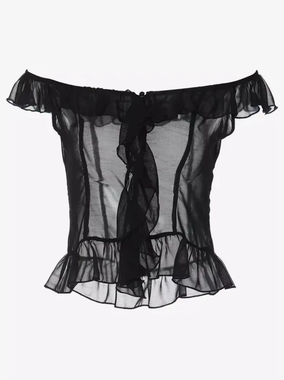 Crop Top Off-the-Shoulder Ruffle Sheer Mesh Peplum Top