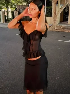 Crop Top Off-the-Shoulder Ruffle Sheer Mesh Peplum Top