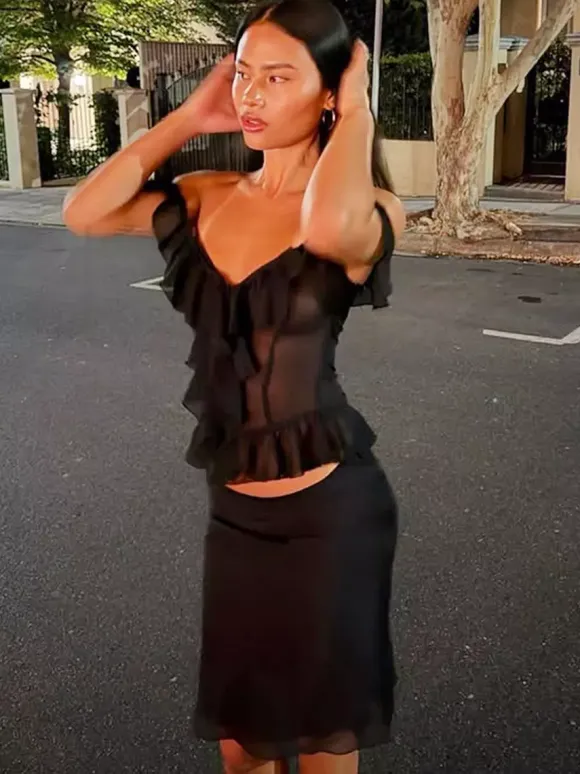 Crop Top Off-the-Shoulder Ruffle Sheer Mesh Peplum Top