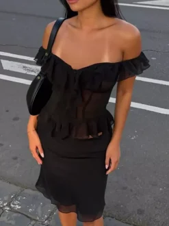 Crop Top Off-the-Shoulder Ruffle Sheer Mesh Peplum Top