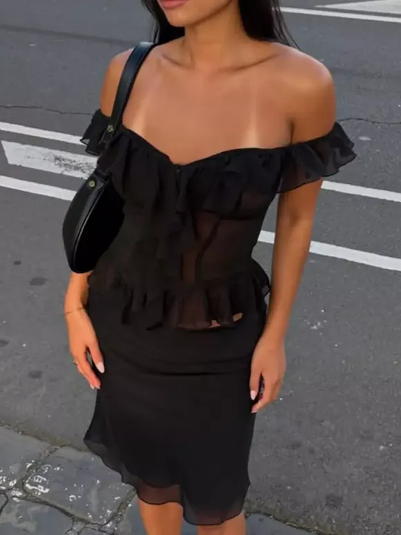 Crop Top Off-the-Shoulder Ruffle Sheer Mesh Peplum Top