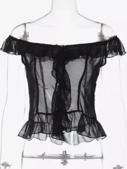 Crop Top Off-the-Shoulder Ruffle Sheer Mesh Peplum Top