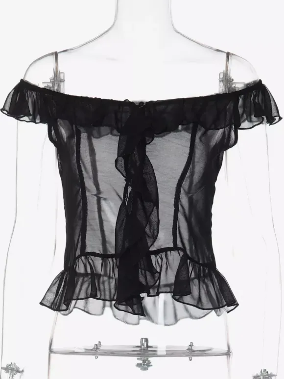 Crop Top Off-the-Shoulder Ruffle Sheer Mesh Peplum Top