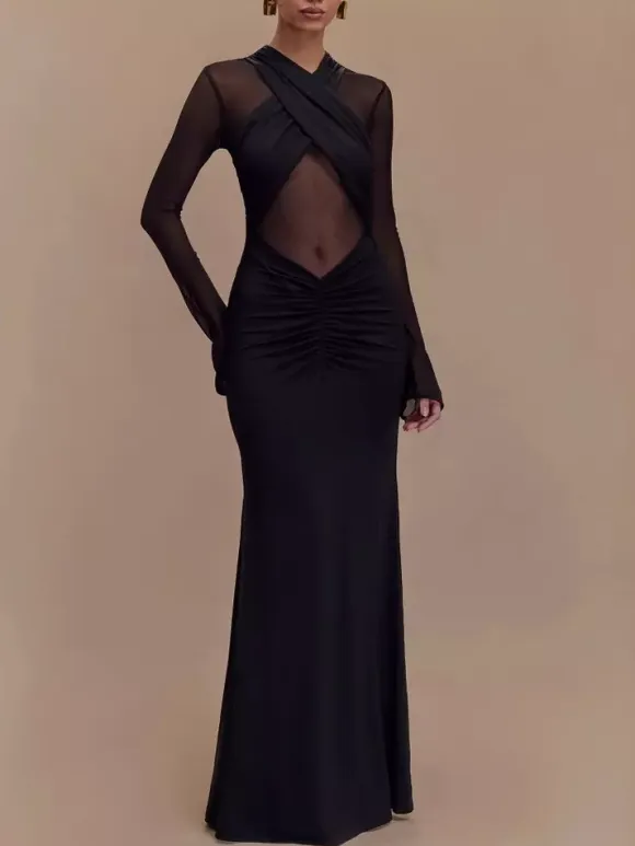 Cross Front Mesh Long Sleeve Cutout Ruched Maxi Bodycon Dress For Women 2026
