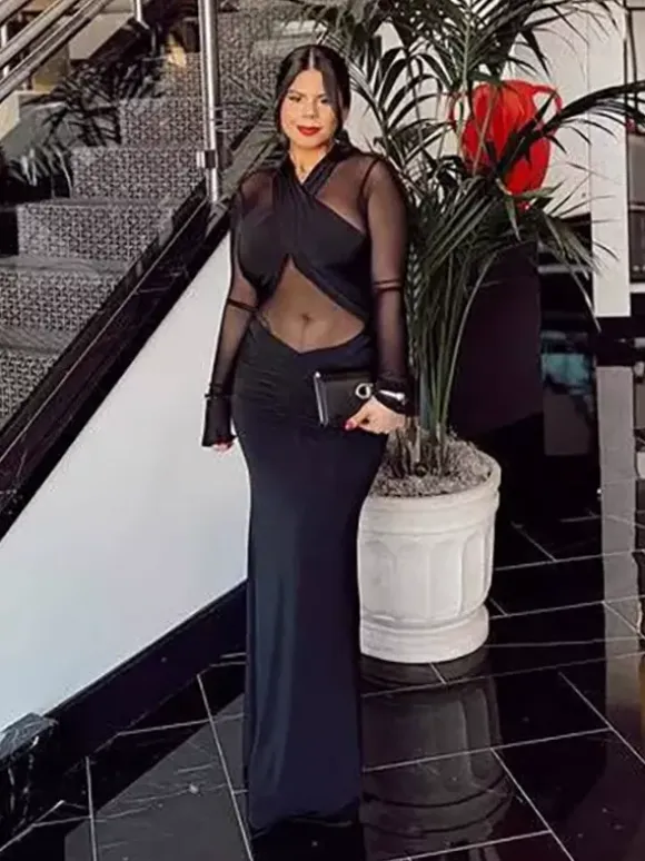 Cross Front Mesh Long Sleeve Cutout Ruched Maxi Bodycon Dress For Women 2026