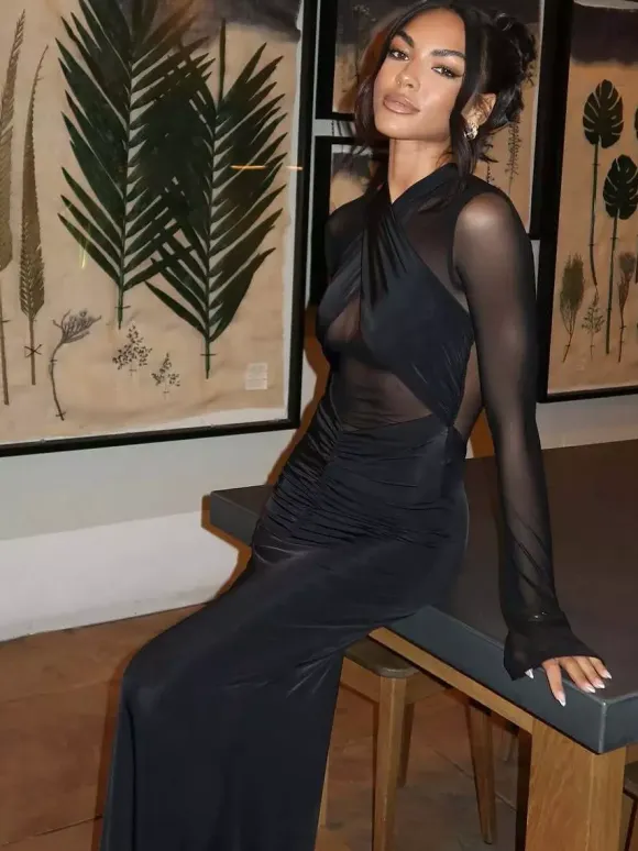 Cross Front Mesh Long Sleeve Cutout Ruched Maxi Bodycon Dress For Women 2026
