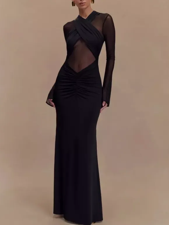 Cross Front Mesh Long Sleeve Cutout Ruched Maxi Bodycon Dress For Women 2026