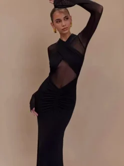 Cross Front Mesh Long Sleeve Cutout Ruched Maxi Bodycon Dress For Women 2026