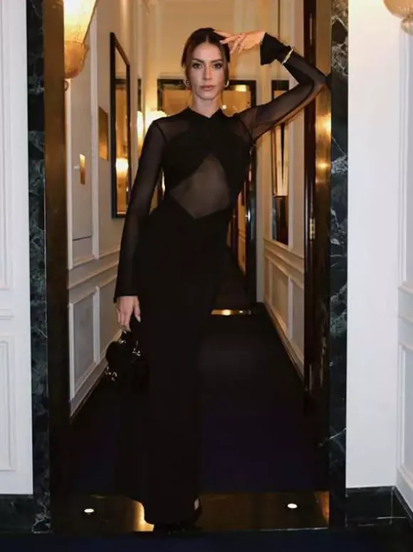 Cross Front Mesh Long Sleeve Cutout Ruched Maxi Bodycon Dress For Women 2026