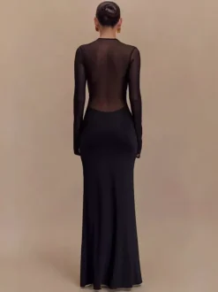 Cross Front Mesh Long Sleeve Cutout Ruched Maxi Bodycon Dress For Women 2026