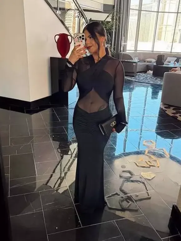 Cross Front Mesh Long Sleeve Cutout Ruched Maxi Bodycon Dress For Women 2026