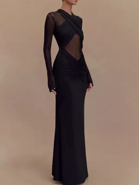 Cross Front Mesh Long Sleeve Cutout Ruched Maxi Bodycon Dress For Women 2026