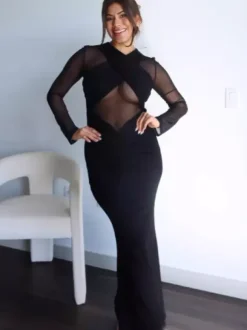Cross Front Mesh Long Sleeve Cutout Ruched Maxi Bodycon Dress For Women 2026