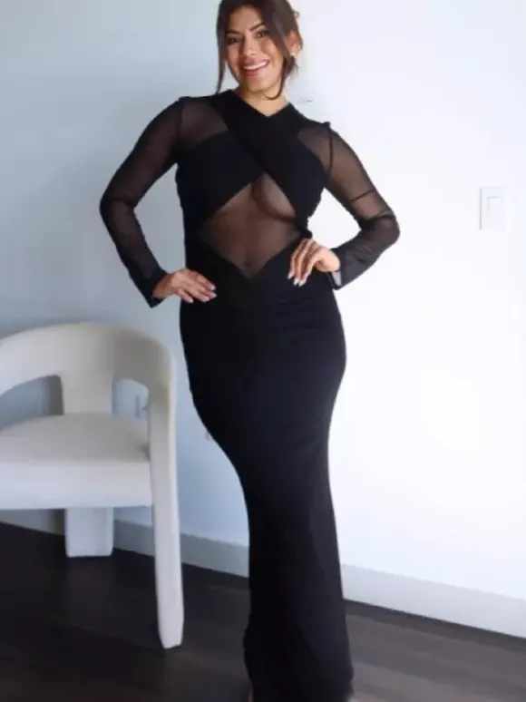 Cross Front Mesh Long Sleeve Cutout Ruched Maxi Bodycon Dress For Women 2026