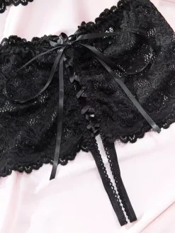 Crotchless Cupless Lingerie Lace Black Floral Front Tie 2-Piece Bra Panty Sets