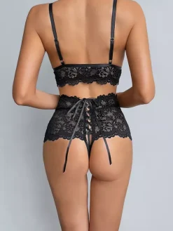 Crotchless Cupless Lingerie Lace Black Floral Front Tie 2-Piece Bra Panty Sets