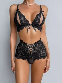 Crotchless Cupless Lingerie Lace Black Floral Front Tie 2-Piece Bra Panty Sets