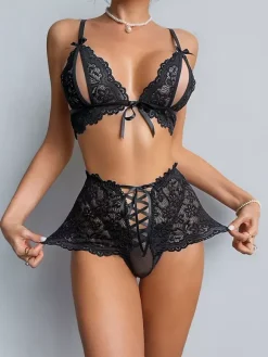Crotchless Cupless Lingerie Lace Black Floral Front Tie 2-Piece Bra Panty Sets