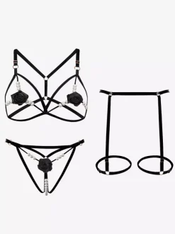 Crotchless Lingerie Bra Panty Sets Red Flowers 3-Piece Open Cup Sexy Lingerie