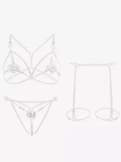 Crotchless Lingerie Bra Panty Sets Red Flowers 3-Piece Open Cup Sexy Lingerie