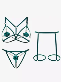 Crotchless Lingerie Bra Panty Sets Red Flowers 3-Piece Open Cup Sexy Lingerie