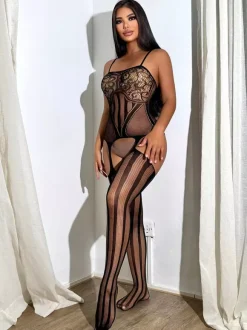 Crotchless Lingerie Hosiery Bodystockings Red Nylon Striped Jacquard Bodysuit