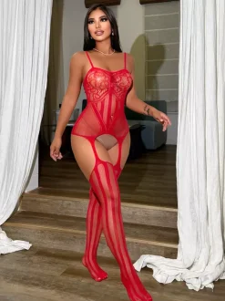 Crotchless Lingerie Hosiery Bodystockings Red Nylon Striped Jacquard Bodysuit