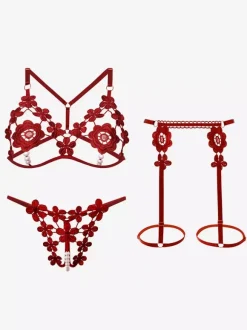 Crotchless Lingerie Open Cup Bra Panty Sets White Studded 3-Piece Lace Flower Sexy Lingerie