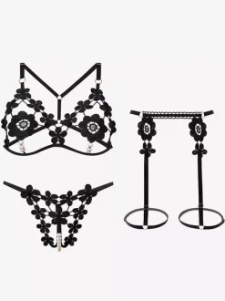 Crotchless Lingerie Open Cup Bra Panty Sets White Studded 3-Piece Lace Flower Sexy Lingerie